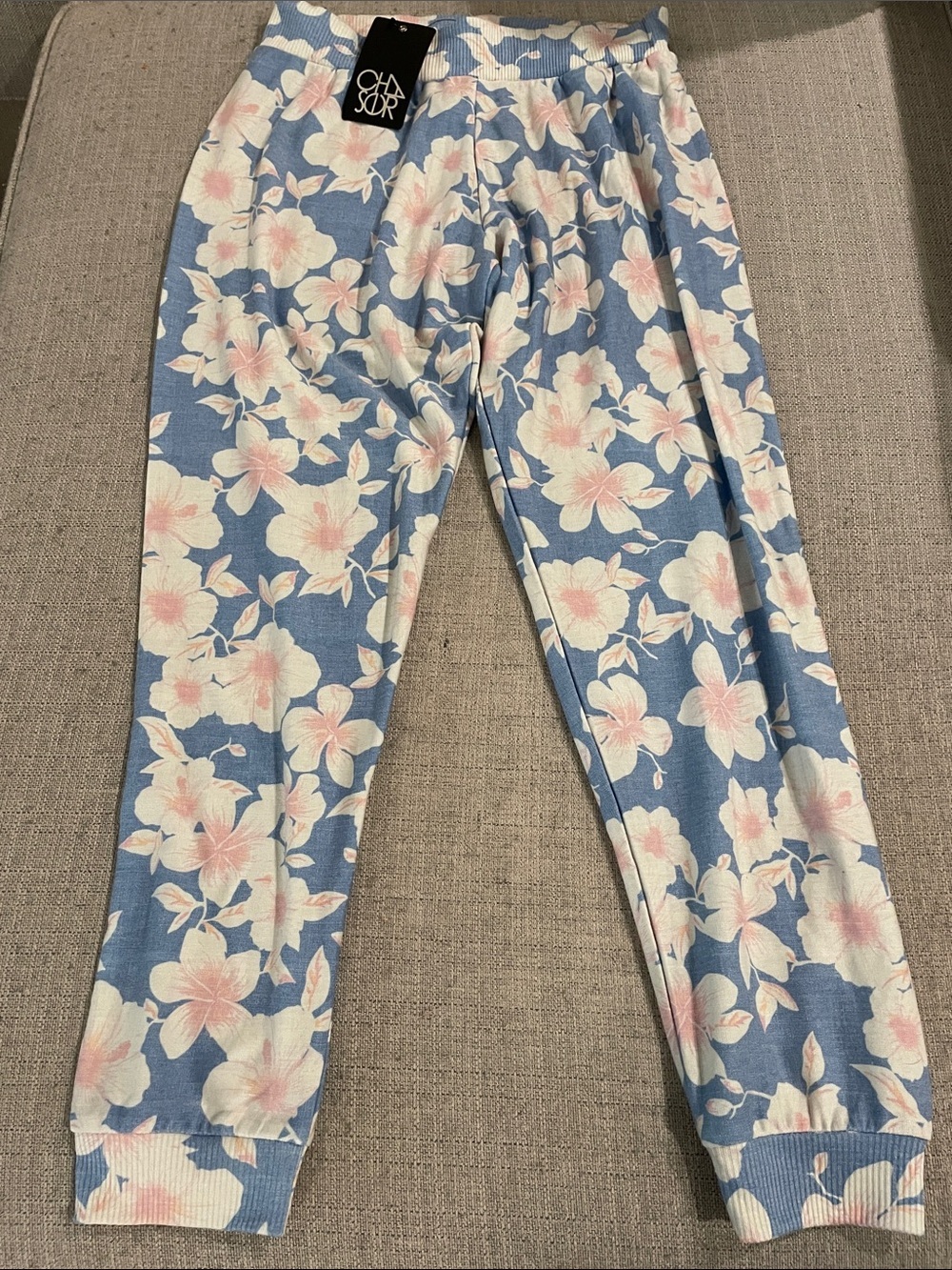 Chaser Blue Floral Joggers with Pale Pink Blooms